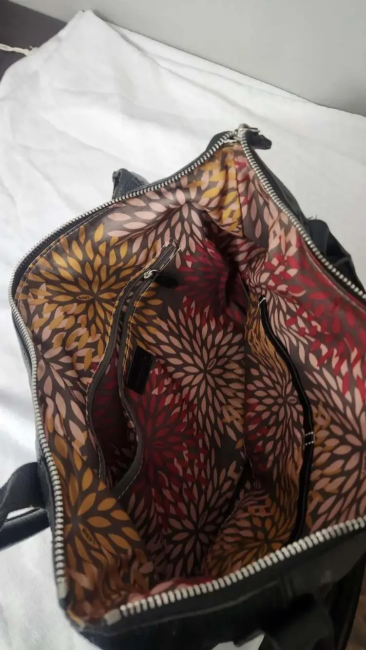 Lodis Black Pebbled Leather Shoulder Tote Bag with Floral Interior